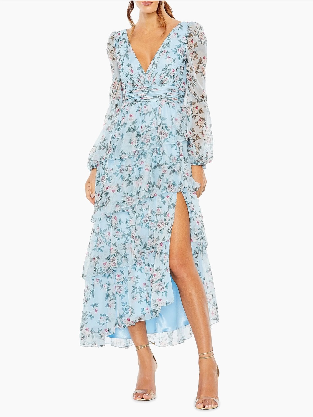 IEENA FOR MAC DUGGAL Blue Chiffon Floral Tiered Midi Dress Wedding Guest Spring